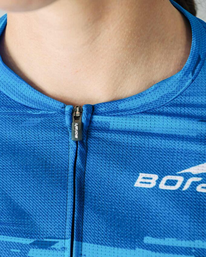 Front zipper detail shot of the custom Women's OTW Cycling Jersey.