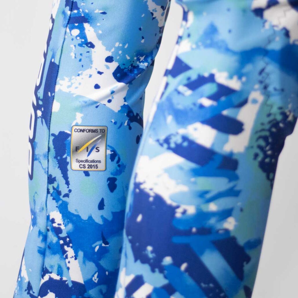 Adult Alpine Race Suit FIS label on lower leg.