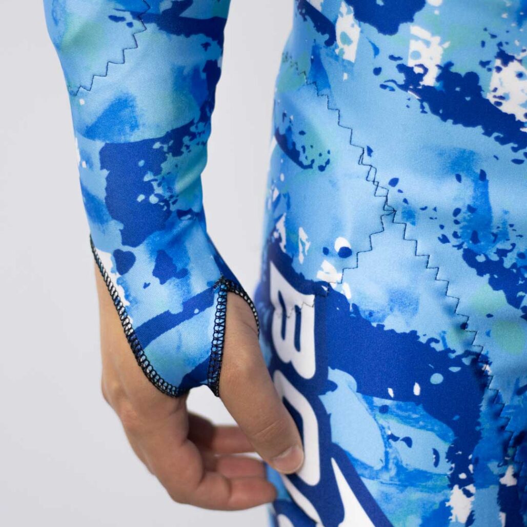 Adult Alpine Race Suit thumb strap detail shot.