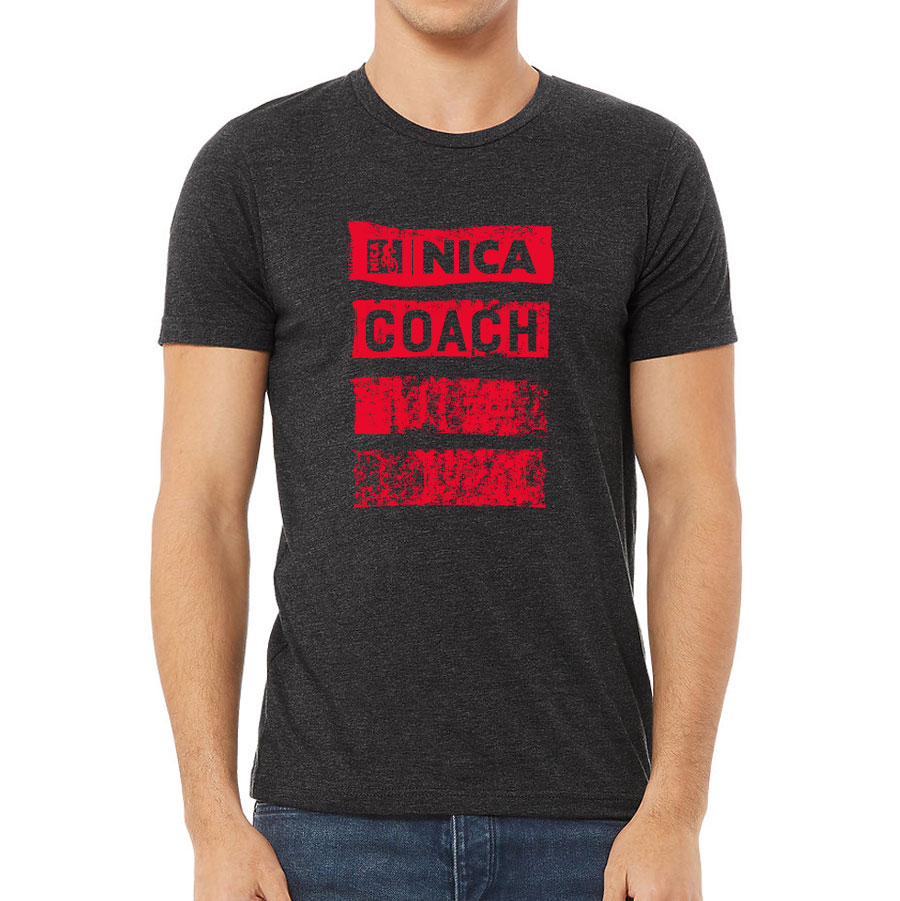 Dark Grey Heather colored T-Shirt with NICA coach print on the front.
