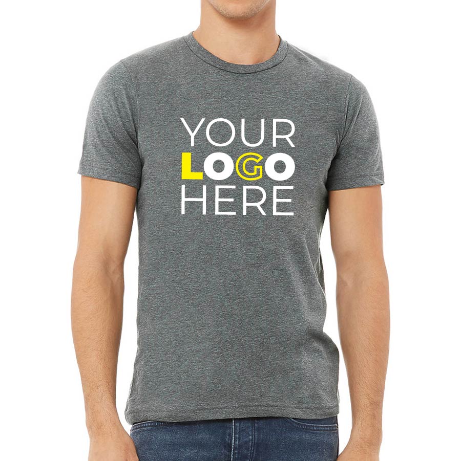 Deep Heather colo9red T-Shirt with "Your Logo Here" custom print on the front.