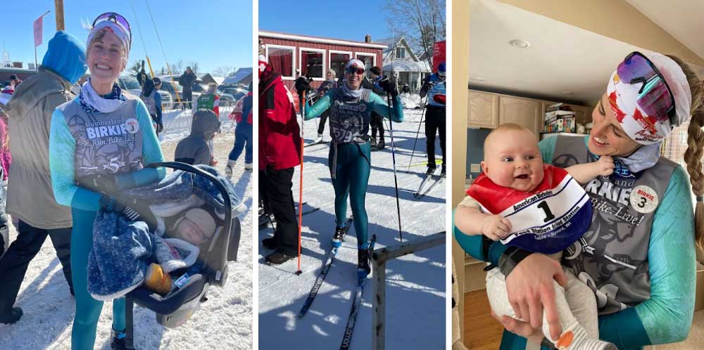 Photo collage of athlete and new mom, Madeline at the American Birkiebeiner with her baby.