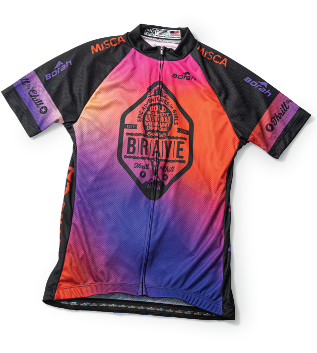 Cycling jersey with colorful custom graphics. Clickable hotspot buttons: Made in USA, High-Performance Recycled Fabrics, Fully Customizable Graphics, Sustainably Made with Solar Power.