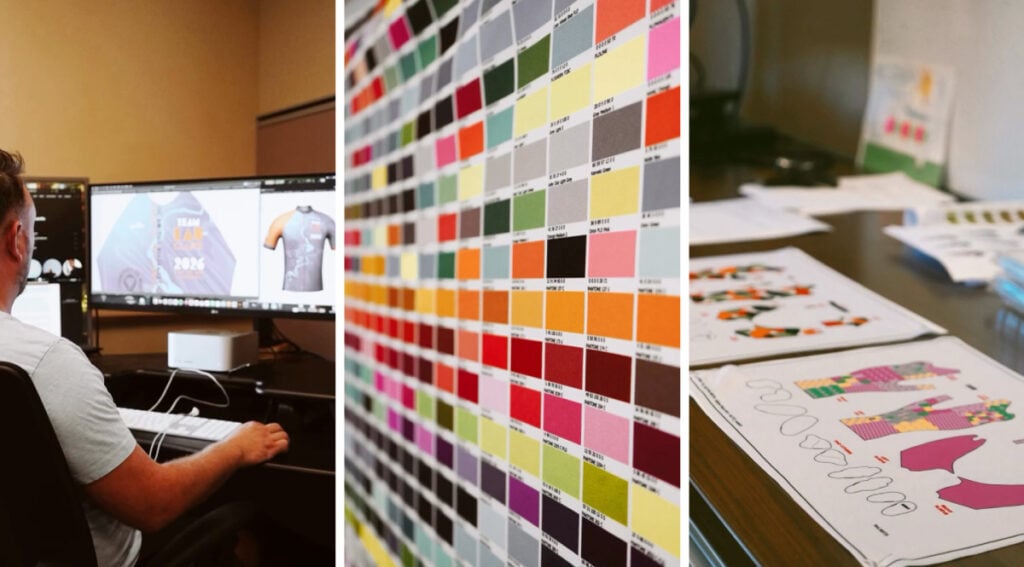 Three photos of various art department items. A person creating a custom cycling jersey design on a computer, a color swatch blanket, and some design color swatches sitting on a table.